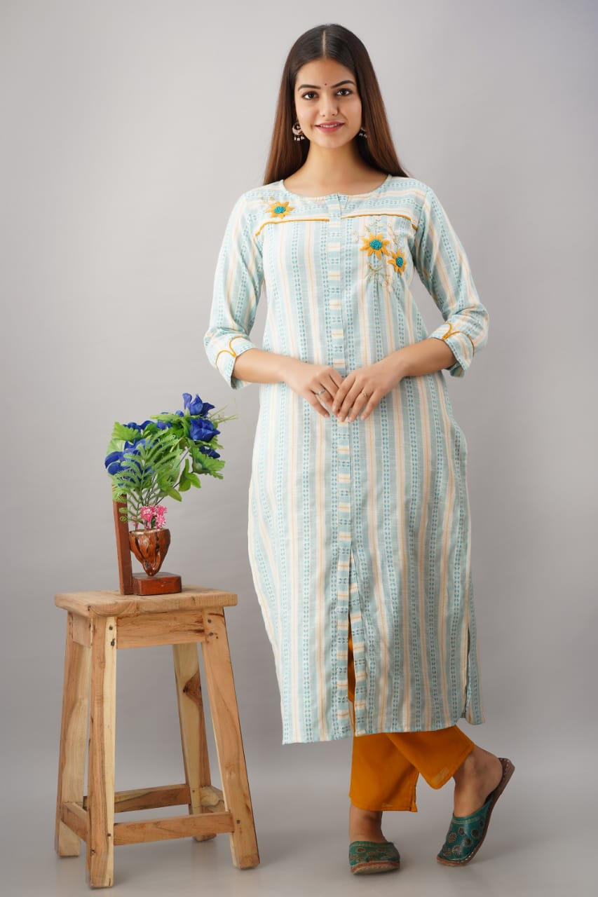 linen embroidery kurtis